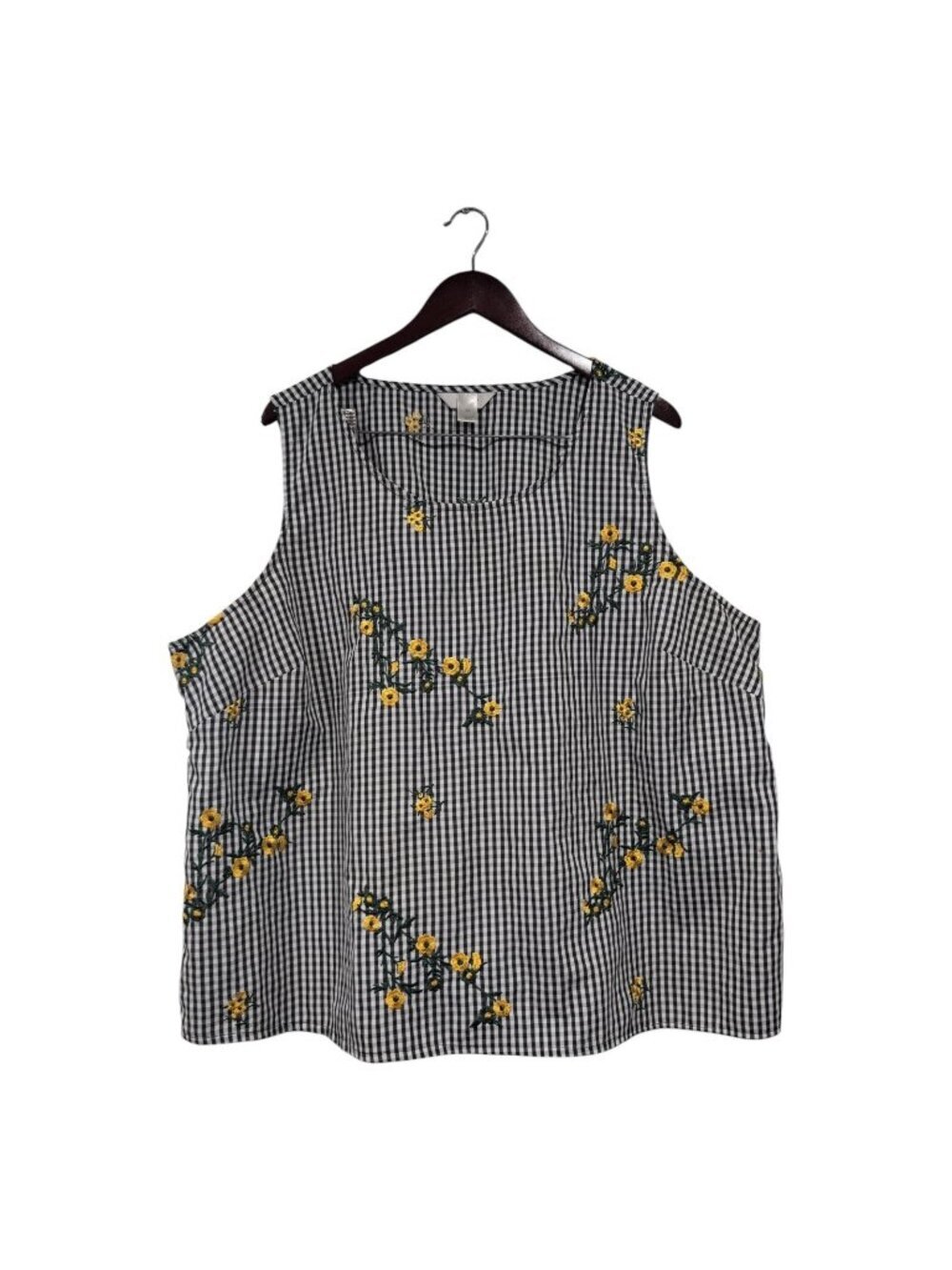 Christopher & Banks Black White Gingham Yellow Floral Embroidery Tank Blouse 3X
